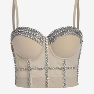 Rhinestone Embellished Bustier Top | Size Large | Nude Beige Color